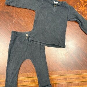 Kids Charcoal Ribbed Matching Set — Long Sleeve Henley Top & Elastic Waist Pants